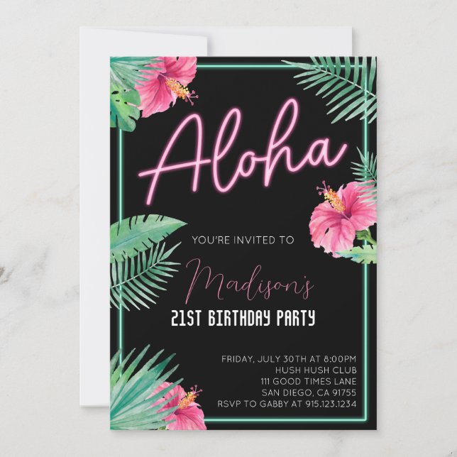 Convite de Aniversário Floral Preto Aloha (Frente)