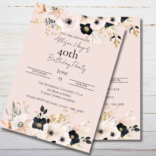 Convite de Aniversário Floral Preto e Bege Persona