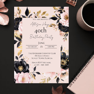 Convite de Aniversário Floral Preto e Bege Persona