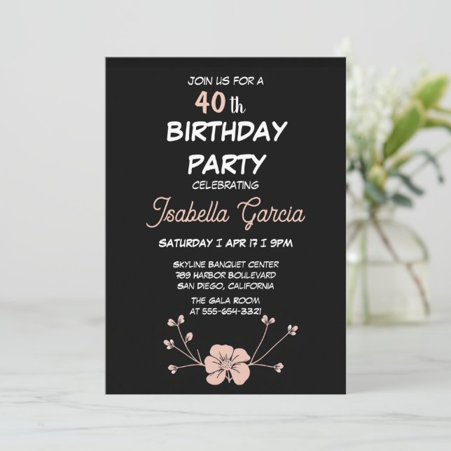 Convite de Aniversário Floral Preto Escuro (Em pé/Frente)