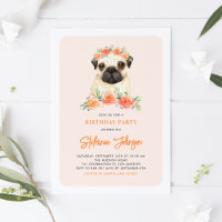 Convite de Aniversário Floral Pug Peach