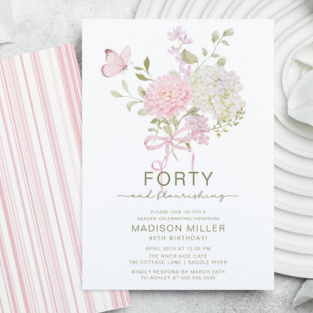 Convite de Aniversário Floral Quarenta e Próspero (Criador carregado)