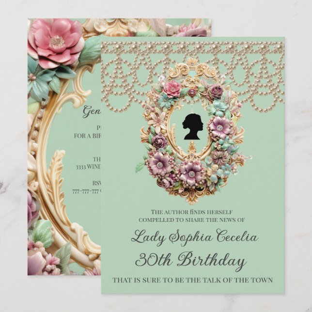 Convite de Aniversário Floral Regência Adorável (Frente/Verso)