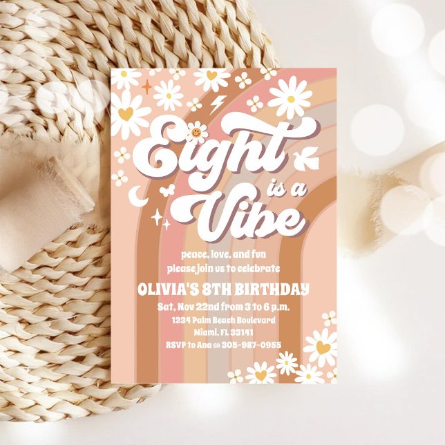 Convite de Aniversário Floral Retro de 8 anos (Criador carregado)