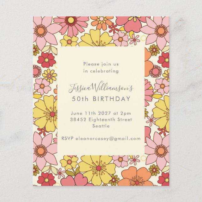Convite de Aniversário Floral Rosa Boho Retrô Econ (Frente)