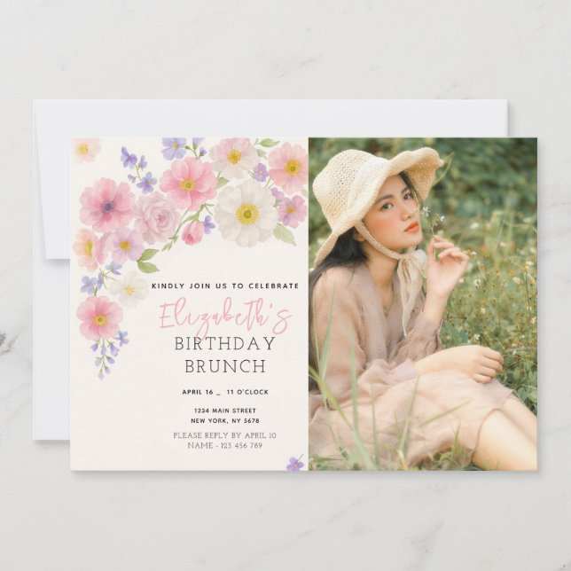Convite De Aniversário Floral Rosa Com Foto (Frente)