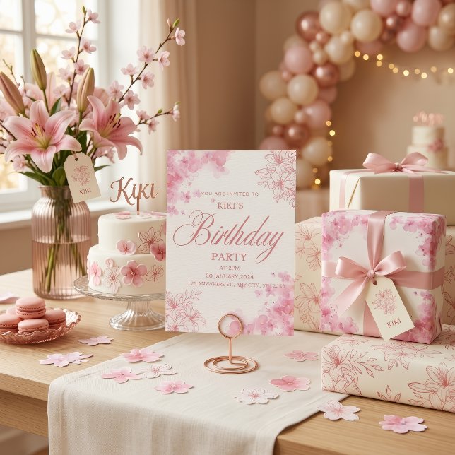 Convite de Aniversário Floral Rosa Elegante (Criador carregado)