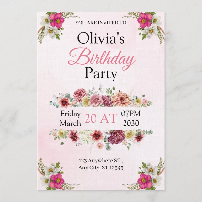 Convite de Aniversário Floral Rosa Elegante (Frente)