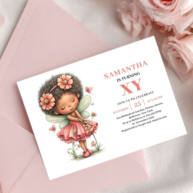 Convite de Aniversário Floral Rosa Menina Fada Bri (Playful Fairy Girl Birthday Pink Floral invitation)