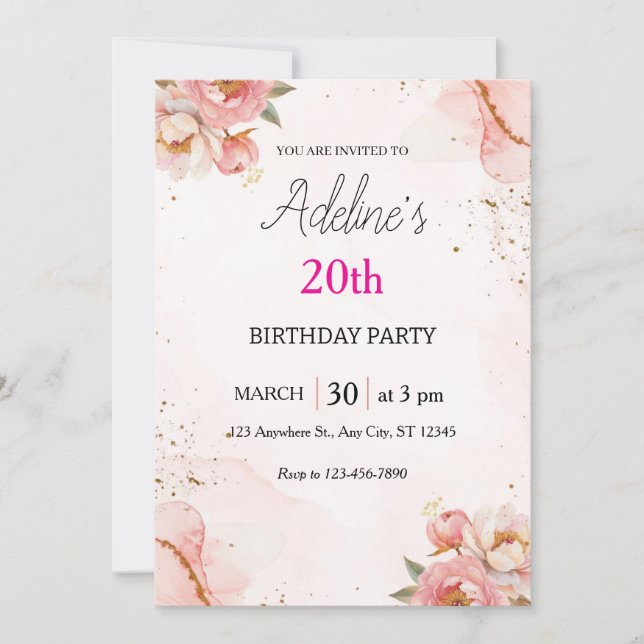 Convite de Aniversário Floral Rosa Rubor (Frente)