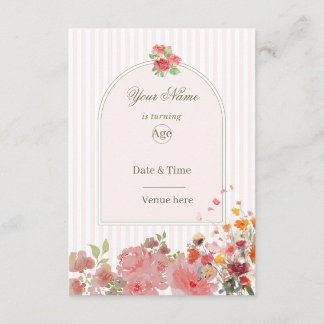 Convite de Aniversário Floral Rosa Suave e Coral (Frente)