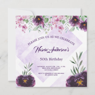 Convite de Aniversário Floral Roxo Elegante