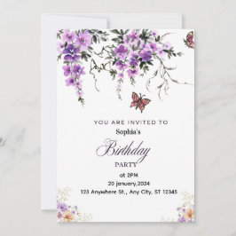 Convite de Aniversário Floral Roxo Personalizado