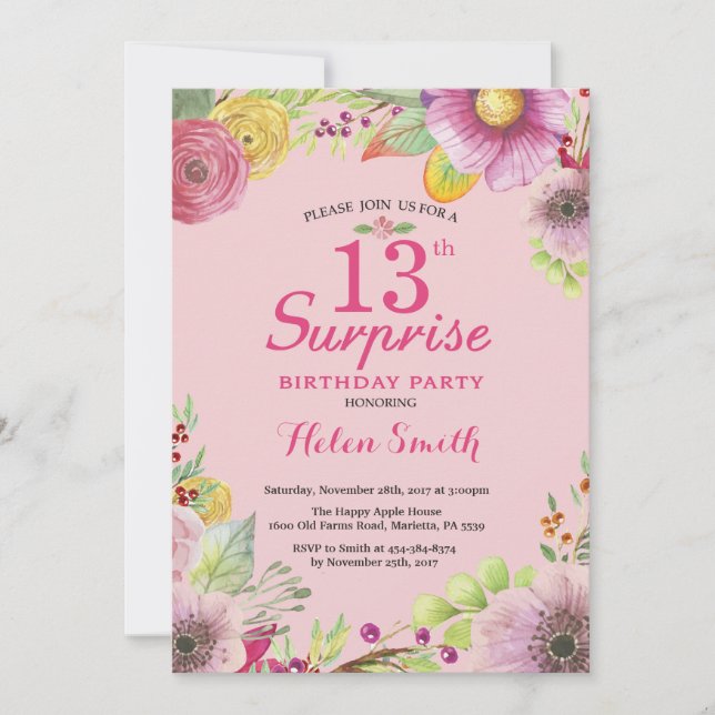 Convite de Aniversário Floral Surpresa para Mulher (Frente)