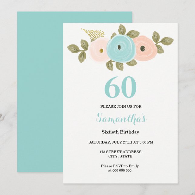 Convite de aniversário Floral Teal e Peach 60º (Frente/Verso)