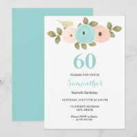 Convite de aniversário Floral Teal e Peach 60º
