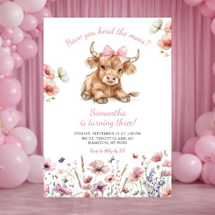 Convite de Aniversário Floral Touro Bezerrão Rosa