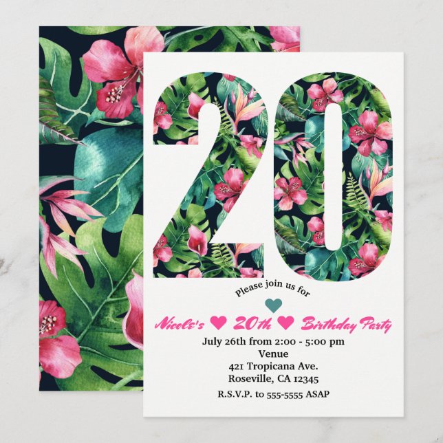 Convite de Aniversário Floral Tropical 20 20º (Frente/Verso)