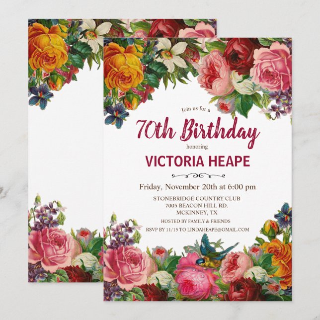 CONVITE DE ANIVERSÁRIO FLORAL VINTAGE PARA QUALQUE (Frente/Verso)