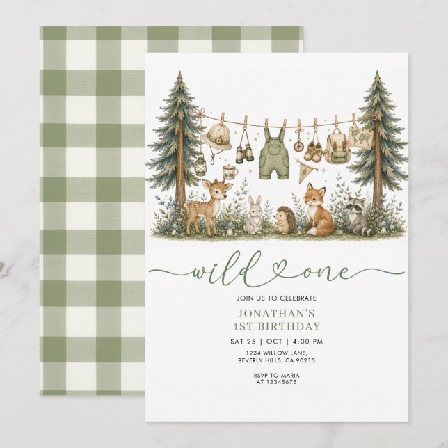 Convite de Aniversário Floresta Selvagem Um (Frente/Verso)
