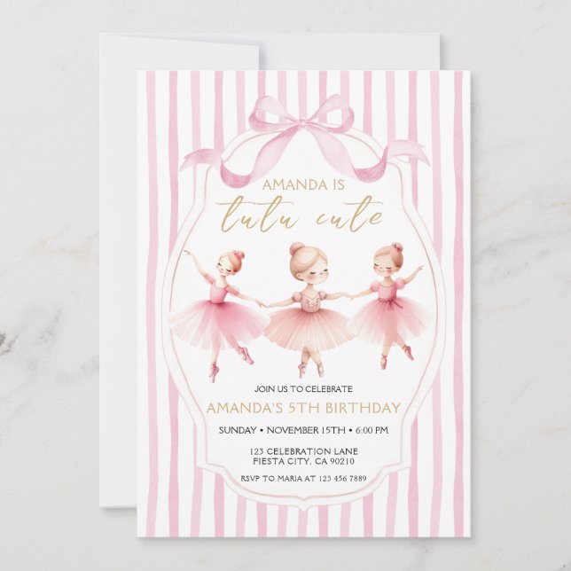 Convite de Aniversário Fofa Bailarina Laço Rosa Tu (Frente)
