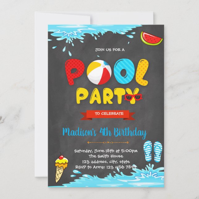 Convite de aniversário fofo para festa na piscina (Frente)