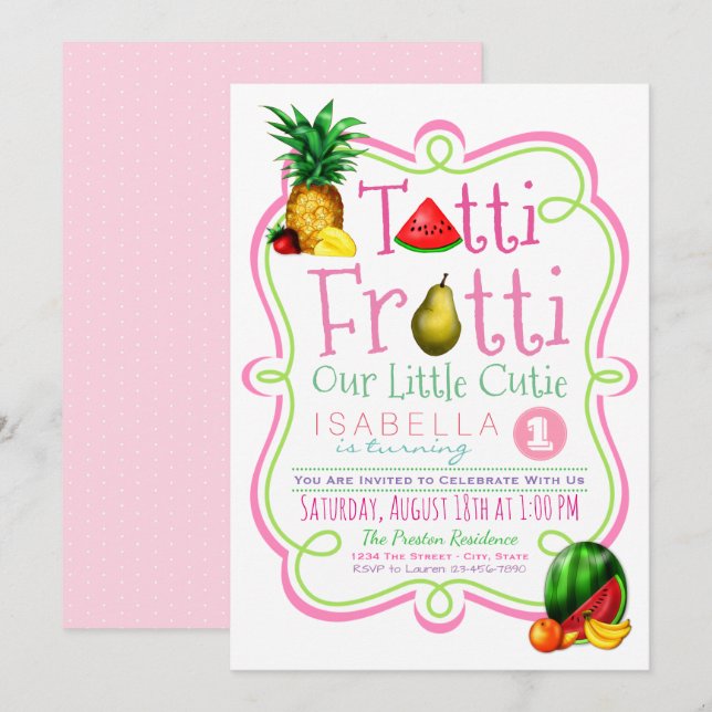 Convite de aniversário fofo Tutti Frutti (Frente/Verso)