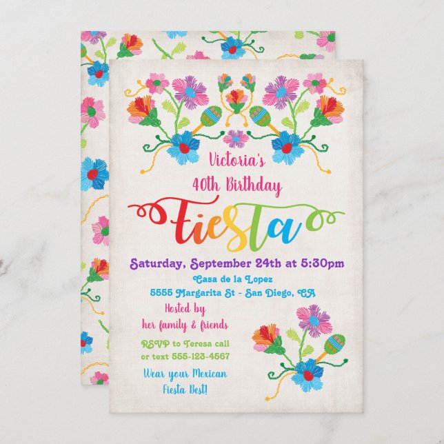 Convite de aniversário Folk Art Mexicano Fiesta (Frente/Verso)