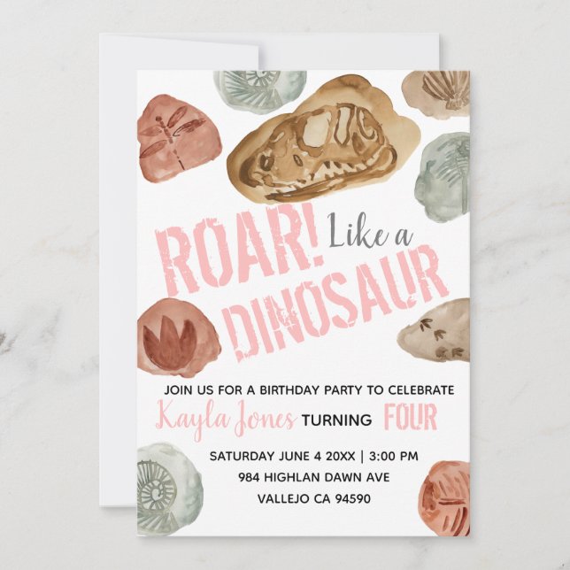 Convite de aniversário fóssil de dinossauro rosa b (Frente)