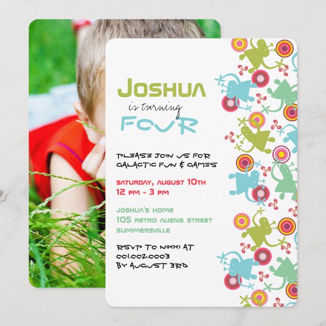 Convite de aniversário fotográfico retrô groovy pa (Frente/Verso)