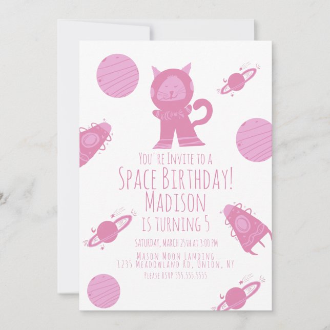 Convite de Aniversário Galáxia Rosa Space Cat (Frente)