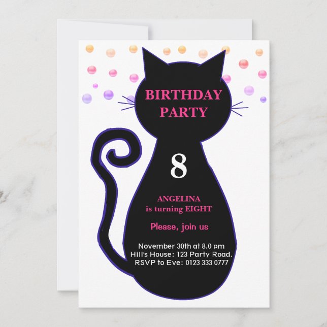 Convite de Aniversário Gato & Confetes Multicolori (Frente)