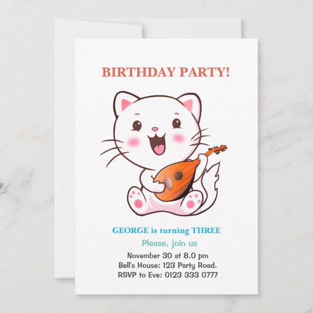 Convite de Aniversário Gato Fofo & Balões Multicol (Frente)