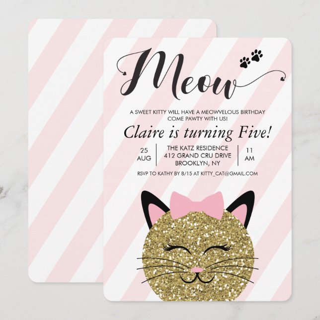 Convite de Aniversário Gato Gatito Meow para Qualq (Frente/Verso)