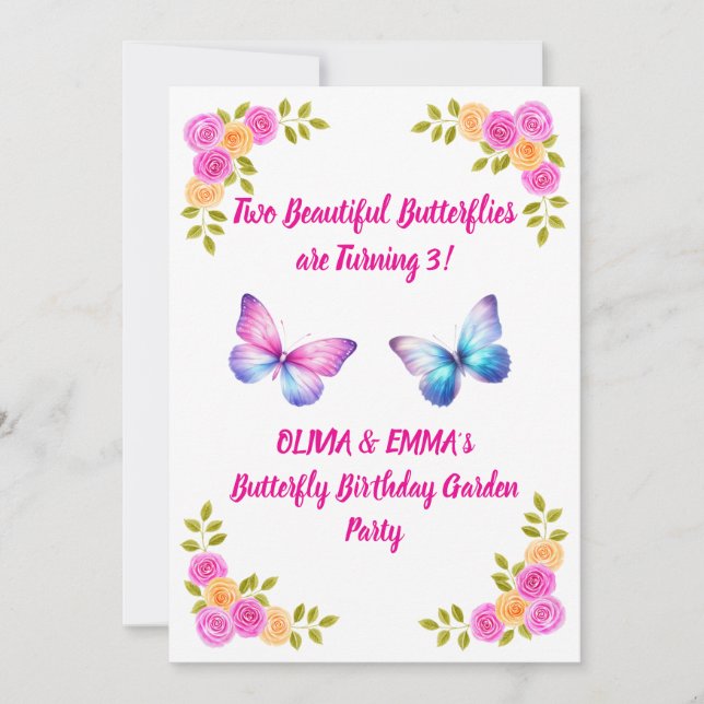 Convite de Aniversário Gêmeas Borboleta | Meninas (Frente)