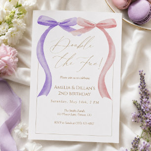 Convite de Aniversário Gêmeo com Laço Rosa Roxo