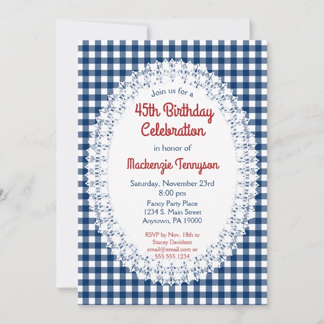 Convite de aniversário Gingham Russo marinho Azul (Frente)