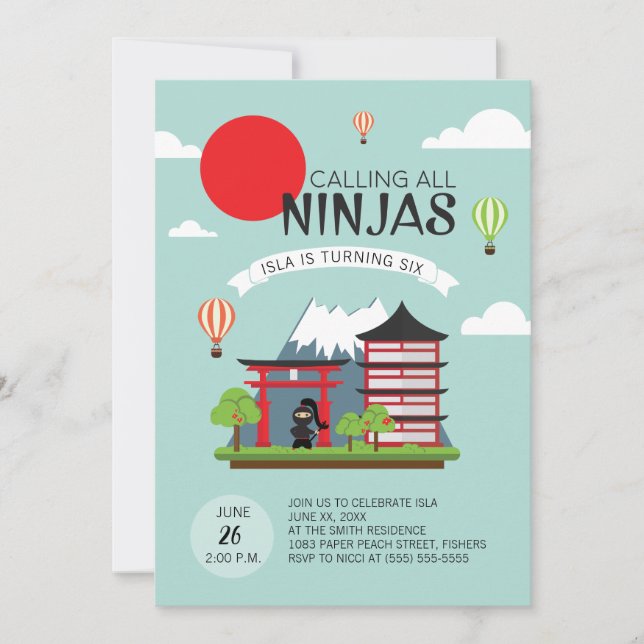 Convite de aniversário Girl Ninja - Japonês (Frente)