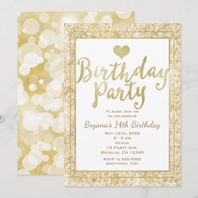 Convite de Aniversário Glam com Coração Dourado e  (Frente/Verso)