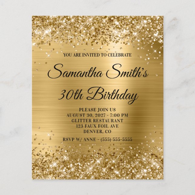 Convite de Aniversário Glamouroso Dourado com Bril (Frente)