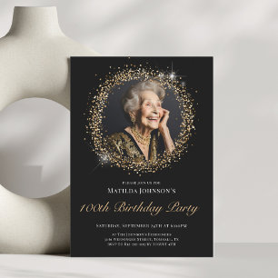 Convite de aniversário Glitter Black Dourado 100º
