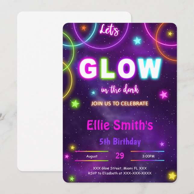 Convite de Aniversário Glow Editável (Frente/Verso)