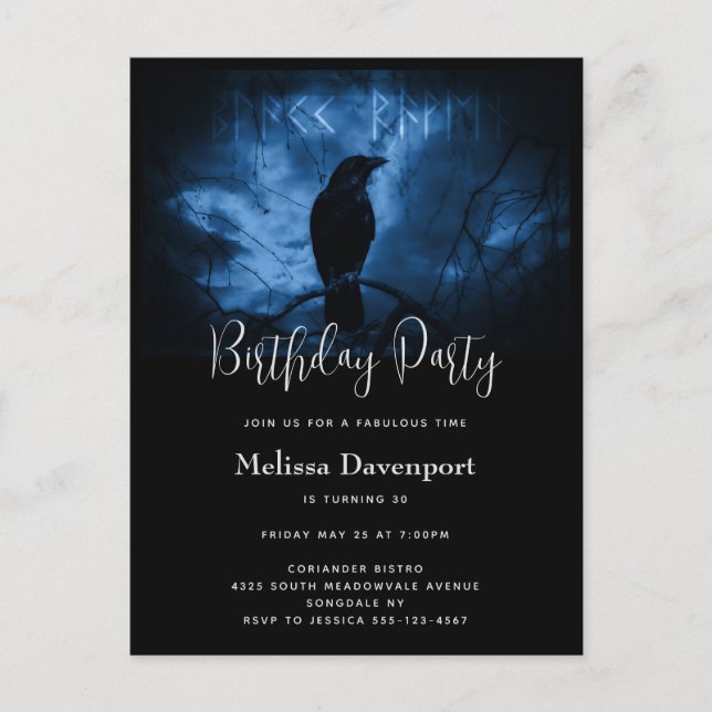 Convite de Aniversário Goth Corvo Preto com Runas (Frente)