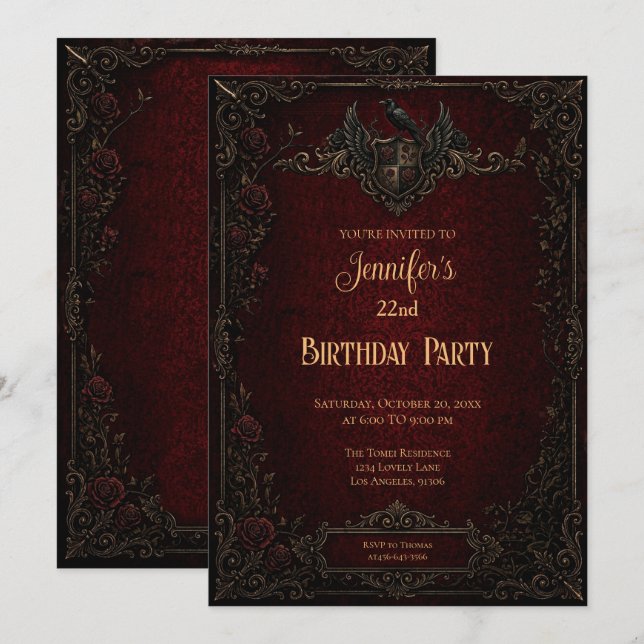 Convite de Aniversário Gótico Vintage (Frente/Verso)