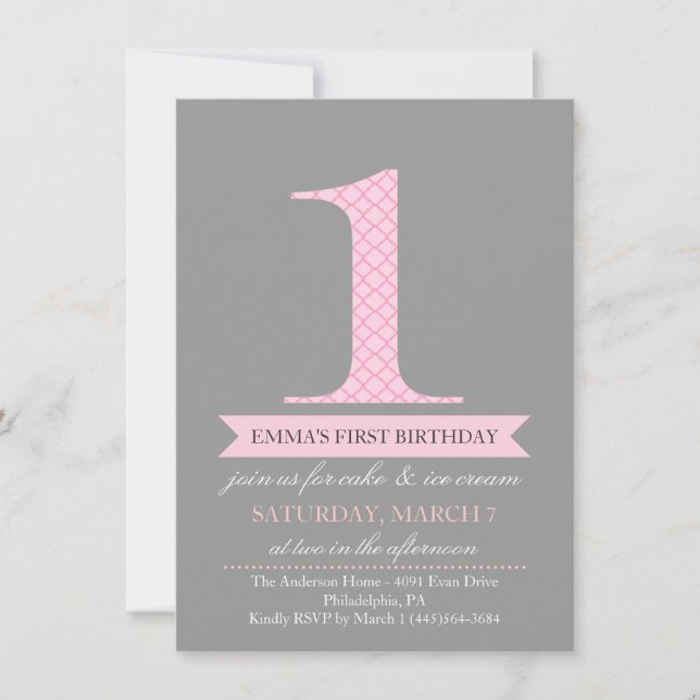 Convite de Aniversário Gray & Pink Modern Pattern  (Frente)
