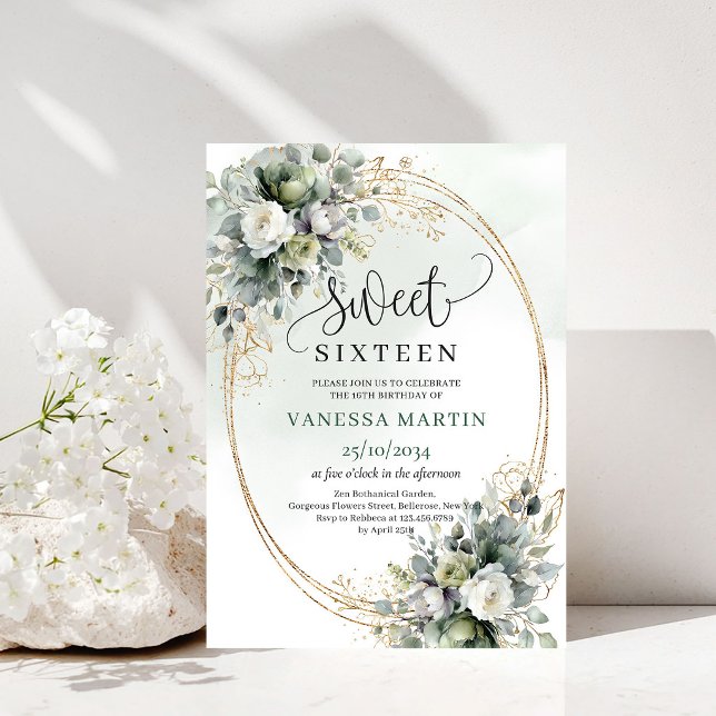 Convite de Aniversário Greenery Botanical Gold Swe (Greenery Botanical Gold Sweet 16 Birthday Invitation)