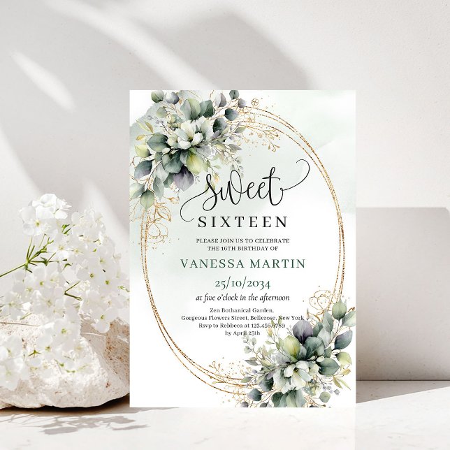 Convite de Aniversário Greenery Watercolor Sweet 1 (Greenery Watercolor Sweet 16 Birthday Invitation)
