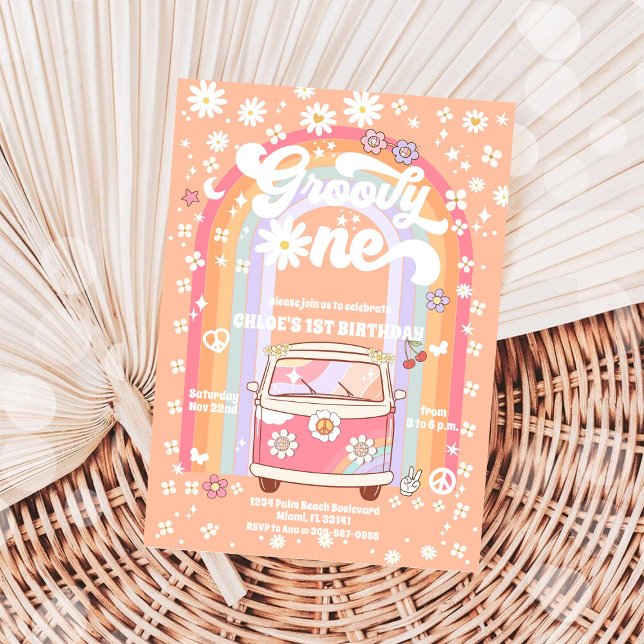 Convite de Aniversário Groovy Daisy 1º Ano (Criador carregado)