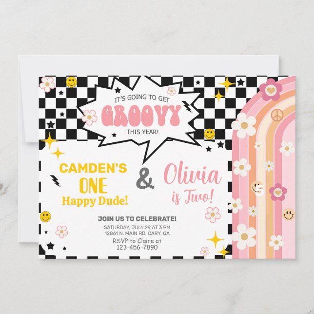 Convite de aniversário GROOVY para irmão e irmã. (Frente)