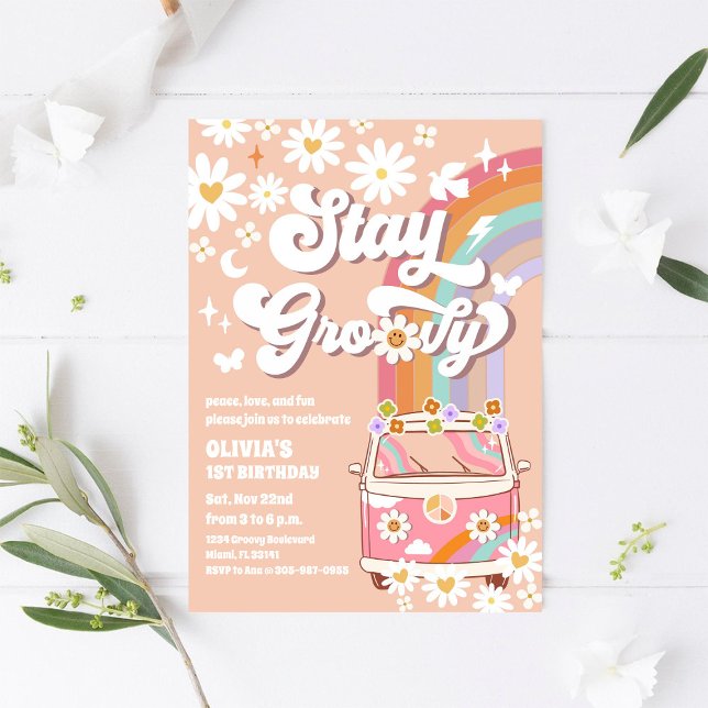Convite de Aniversário Groovy Retro Daisy (Criador carregado)